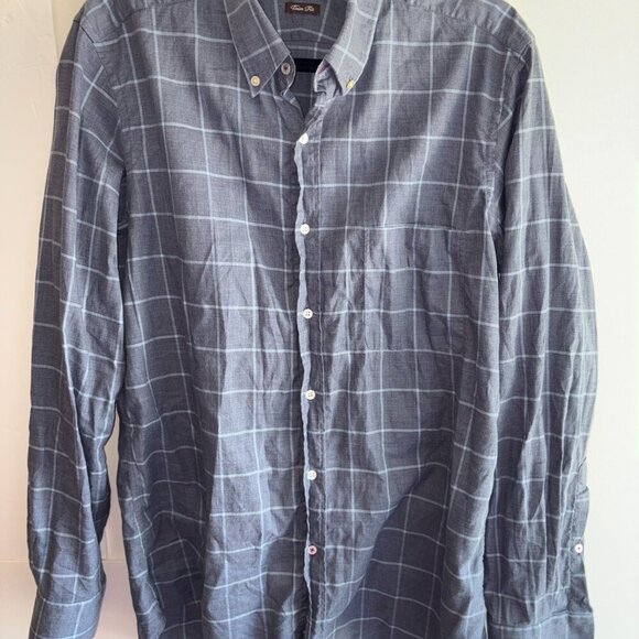 J. McLaughlin Men's Plaid Trim Fit Linen Blend Button Shirt Large Blue White - Picture 8 of 10
